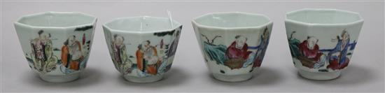 A set of four Chinese famille rose octagonal cups, each painted with immortals, width 8cm